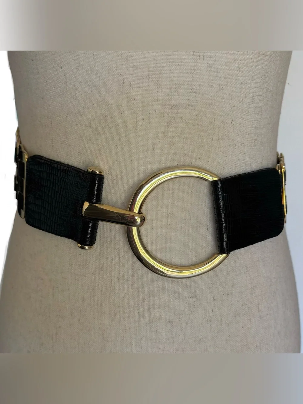 Sandy Duftler Gold Latch Black Leather Belt Large